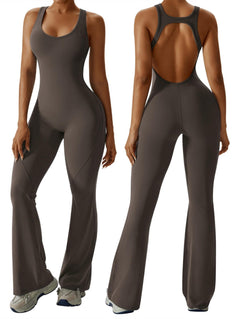 OEAK Womens Flare Jumpsuit with Bra Tummy Control Cutout Romper Workout Outfit Sleeveless Unitard One Piece Backless Bodysuit