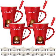 Honeydak 4 Set Chocolate Fondue Mug with Fork and Candle Sweet Ceramic Personal Chocolate Melting Cup Ideal Gifts for Birthday Date Night Birthday Wedding Gifts (White)