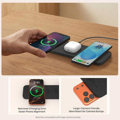 ZealSound Wireless Charging Pad, 3-in-1 Fast Wireless Charger with 36W Adapter for iPhone 17/16/15, Samsung Galaxy, AirPods & Galaxy Buds, Ultra-Slim PU Leather Charging Station for Home Office Travel