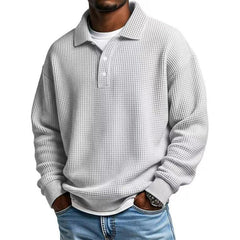 Mens Long Sleeve Polo Shirts Button Down Lapel Neck Golf Shirt Casual Relaxed Fit Midweight Textured Waffle Knit Tops