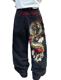 Mens Y2K Baggy Jeans Embroidery Hip Hop Wide Leg Jeans Streetwear Denim Pants