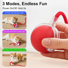 Smart Interactive Automatic Electric Rolling Moving Rechargeable Motion Activated Self Play Electronic Stimulation Chase Teaser Ball Toy with Rope for Indoor Bored Adult Cat and Dog, Red