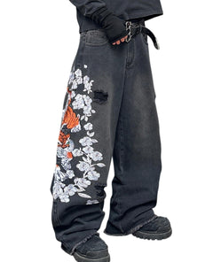 Mens Y2K Baggy Jeans Embroidery Hip Hop Wide Leg Jeans Streetwear Denim Pants