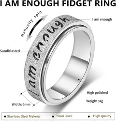 Fidget Spinner Ring for Women - I Am Enough Rotating Fidget Toys for Anxiety Relief, Stainless Steel Inspirational Hope Rings for Adults Jewelry Gift for Birthday Valentine's Day