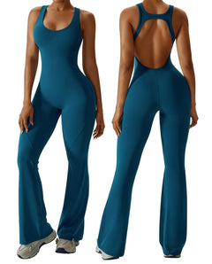 OEAK Womens Flare Jumpsuit with Bra Tummy Control Cutout Romper Workout Outfit Sleeveless Unitard One Piece Backless Bodysuit
