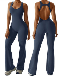 OEAK Womens Flare Jumpsuit with Bra Tummy Control Cutout Romper Workout Outfit Sleeveless Unitard One Piece Backless Bodysuit