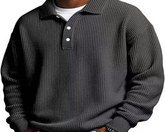 Mens Long Sleeve Polo Shirts Button Down Lapel Neck Golf Shirt Casual Relaxed Fit Midweight Textured Waffle Knit Tops