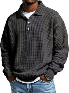 Mens Long Sleeve Polo Shirts Button Down Lapel Neck Golf Shirt Casual Relaxed Fit Midweight Textured Waffle Knit Tops