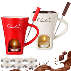 Honeydak 4 Set Chocolate Fondue Mug with Fork and Candle Sweet Ceramic Personal Chocolate Melting Cup Ideal Gifts for Birthday Date Night Birthday Wedding Gifts (White)