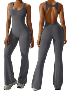 OEAK Womens Flare Jumpsuit with Bra Tummy Control Cutout Romper Workout Outfit Sleeveless Unitard One Piece Backless Bodysuit