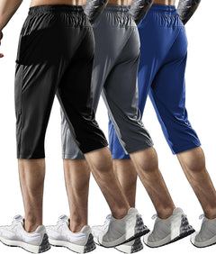 Hidkat Men's Capri Pants 3/4 Joggers Gym/Workout/Hiking Below Knee Long Shorts Lightweight Quick Dry with Zipper Pockets