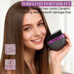 Mini Hair Straightener, Rechargeable Portable Hair Straightener Brush,3-Speed Temperature Control Rechargeable Fast Heating Hot Comb Anti-Scald Shell, Portable Travel for Women (Black)