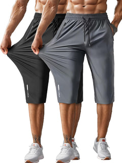 Hidkat Men's Capri Pants 3/4 Joggers Gym/Workout/Hiking Below Knee Long Shorts Lightweight Quick Dry with Zipper Pockets