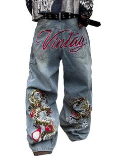 Mens Y2K Baggy Jeans Embroidery Hip Hop Wide Leg Jeans Streetwear Denim Pants