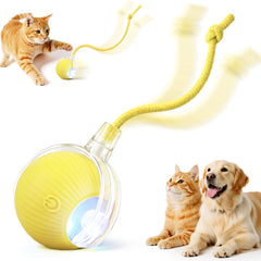 Smart Interactive Automatic Electric Rolling Moving Rechargeable Motion Activated Self Play Electronic Stimulation Chase Teaser Ball Toy with Rope for Indoor Bored Adult Cat and Dog, Red