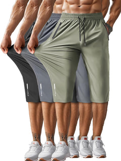 Hidkat Men's Capri Pants 3/4 Joggers Gym/Workout/Hiking Below Knee Long Shorts Lightweight Quick Dry with Zipper Pockets