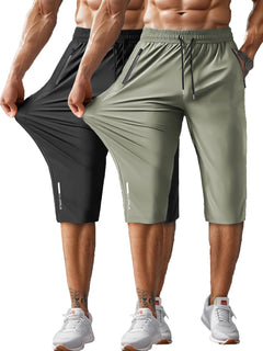 Hidkat Men's Capri Pants 3/4 Joggers Gym/Workout/Hiking Below Knee Long Shorts Lightweight Quick Dry with Zipper Pockets