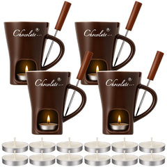 Honeydak 4 Set Chocolate Fondue Mug with Fork and Candle Sweet Ceramic Personal Chocolate Melting Cup Ideal Gifts for Birthday Date Night Birthday Wedding Gifts (White)