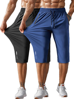 Hidkat Men's Capri Pants 3/4 Joggers Gym/Workout/Hiking Below Knee Long Shorts Lightweight Quick Dry with Zipper Pockets