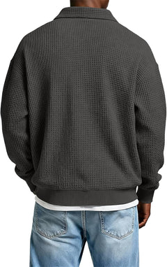 Mens Long Sleeve Polo Shirts Button Down Lapel Neck Golf Shirt Casual Relaxed Fit Midweight Textured Waffle Knit Tops