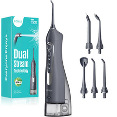 COSLUS ADA Accepted Water Dental Flosser Teeth Pick C20: Portable Cordless Oral Irrigator 300ML Rechargeable Travel Irrigation Cleaner IPX7 Waterproof Electric Flossing Machine, Professional Set Black