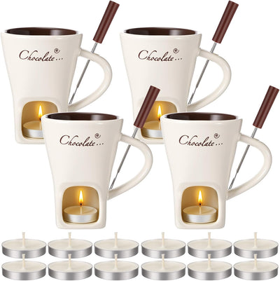 Honeydak 4 Set Chocolate Fondue Mug with Fork and Candle Sweet Ceramic Personal Chocolate Melting Cup Ideal Gifts for Birthday Date Night Birthday Wedding Gifts (White)