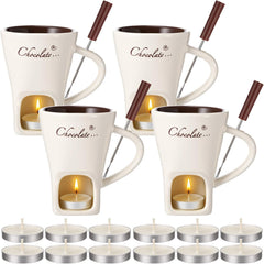 Honeydak 4 Set Chocolate Fondue Mug with Fork and Candle Sweet Ceramic Personal Chocolate Melting Cup Ideal Gifts for Birthday Date Night Birthday Wedding Gifts (White)