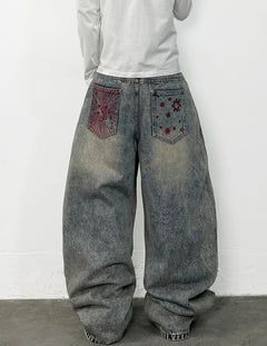 Mens Y2K Baggy Jeans Embroidery Hip Hop Wide Leg Jeans Streetwear Denim Pants