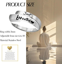Just Breathe Ring for Women, Adjustable Heart Ring, Stainless Steel Spiral Wrap Healing Rings, Inspirational & Heart felt Gift