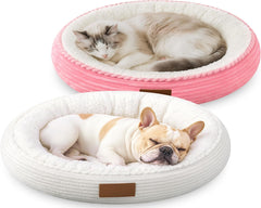 2 Pack Cat Beds for Indoor Cats 20 Inches Washable Round Donut Pet Bed Cushion Self Warming for Cats, Small Dogs, Puppy, and Kitten(Pink, White)
