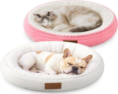 2 Pack Cat Beds for Indoor Cats 20 Inches Washable Round Donut Pet Bed Cushion Self Warming for Cats, Small Dogs, Puppy, and Kitten(Pink, White)