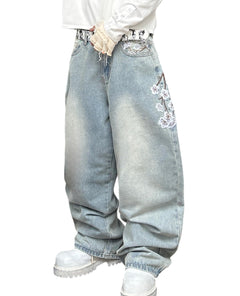 Mens Y2K Baggy Jeans Embroidery Hip Hop Wide Leg Jeans Streetwear Denim Pants