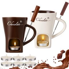 Honeydak 4 Set Chocolate Fondue Mug with Fork and Candle Sweet Ceramic Personal Chocolate Melting Cup Ideal Gifts for Birthday Date Night Birthday Wedding Gifts (White)