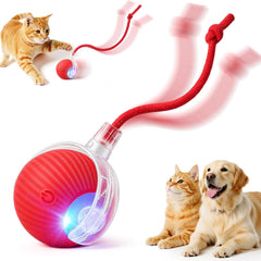 Smart Interactive Automatic Electric Rolling Moving Rechargeable Motion Activated Self Play Electronic Stimulation Chase Teaser Ball Toy with Rope for Indoor Bored Adult Cat and Dog, Red