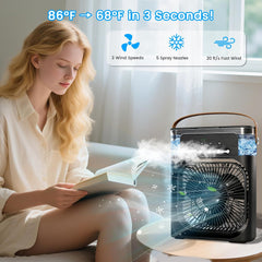Portable Air Conditioner Fan, Mini Evaporative Air Cooler Cooling Fan with 5 Spray Nozzles,3 Wind Speeds,3 Timers,7 Colors LED Light,600ML Personal AC Unit Fan for Bedroom Office Camping（Black）