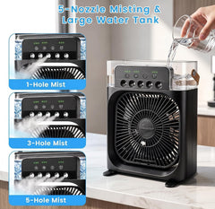 Portable Air Conditioner Fan, Mini Evaporative Air Cooler Cooling Fan with 5 Spray Nozzles,3 Wind Speeds,3 Timers,7 Colors LED Light,600ML Personal AC Unit Fan for Bedroom Office Camping（Black）