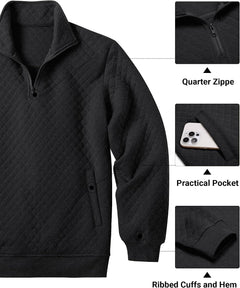 COOFANDY Mens Quarter Zip Pullover Quilted Sweatshirt Knit Long Sleeve Mock Neck Sweater Polo with Pocket
