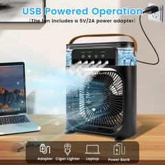 Portable Air Conditioner Fan, Mini Evaporative Air Cooler Cooling Fan with 5 Spray Nozzles,3 Wind Speeds,3 Timers,7 Colors LED Light,600ML Personal AC Unit Fan for Bedroom Office Camping（Black）