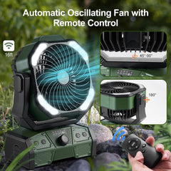 Odoland 40000mAh Camping Fan with LED Light, Battery Operated Oscillating Desk Fan with Remote & Hook, Rechargeable Outdoor Tent Fan with Timer for Hurricane Power Outage Travel Jobsite RV, Green