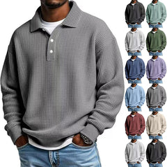 Mens Long Sleeve Polo Shirts Button Down Lapel Neck Golf Shirt Casual Relaxed Fit Midweight Textured Waffle Knit Tops