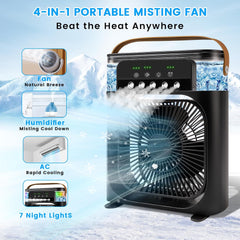 Portable Air Conditioner Fan, Mini Evaporative Air Cooler Cooling Fan with 5 Spray Nozzles,3 Wind Speeds,3 Timers,7 Colors LED Light,600ML Personal AC Unit Fan for Bedroom Office Camping（Black）