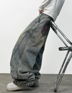 Mens Y2K Baggy Jeans Embroidery Hip Hop Wide Leg Jeans Streetwear Denim Pants