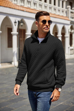 COOFANDY Mens Quarter Zip Pullover Quilted Sweatshirt Knit Long Sleeve Mock Neck Sweater Polo with Pocket