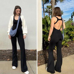 OEAK Womens Flare Jumpsuit with Bra Tummy Control Cutout Romper Workout Outfit Sleeveless Unitard One Piece Backless Bodysuit