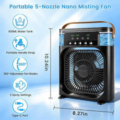 Portable Air Conditioner Fan, Mini Evaporative Air Cooler Cooling Fan with 5 Spray Nozzles,3 Wind Speeds,3 Timers,7 Colors LED Light,600ML Personal AC Unit Fan for Bedroom Office Camping（Black）