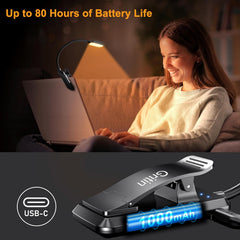 Gritin 16 LED Rechargeable Book Light for Reading in Bed | Eye Caring 3 Color Temperatures,Stepless Dimming Brightness,80 Hrs Runtime,Lightweight Flexible Clip on Light for Book Lovers