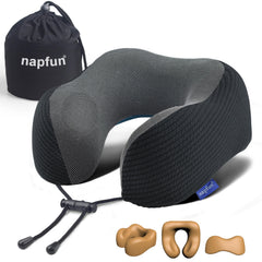 napfun Neck Pillow for Traveling, Upgraded Travel Neck Pillow for Airplane 100% Pure Memory Foam Travel Pillow for Flight Headrest Sleep, Portable Plane Accessories, Light Grey