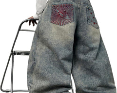 Mens Y2K Baggy Jeans Embroidery Hip Hop Wide Leg Jeans Streetwear Denim Pants