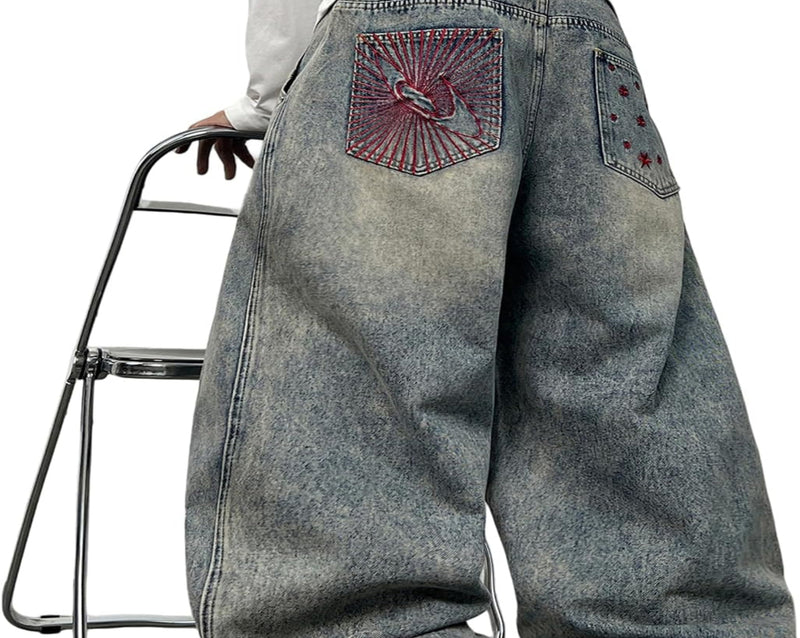Mens Y2K Baggy Jeans Embroidery Hip Hop Wide Leg Jeans Streetwear Denim Pants