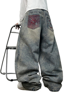 Mens Y2K Baggy Jeans Embroidery Hip Hop Wide Leg Jeans Streetwear Denim Pants